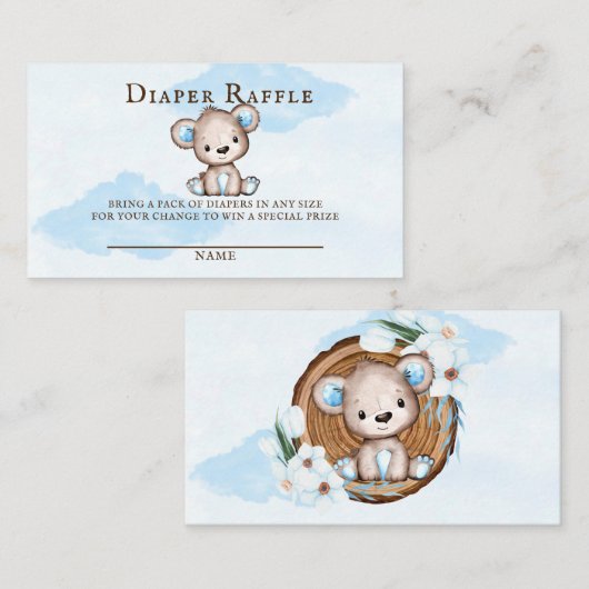 男の子の水色テディベアおむつラッフル 名刺 (正面/裏面)