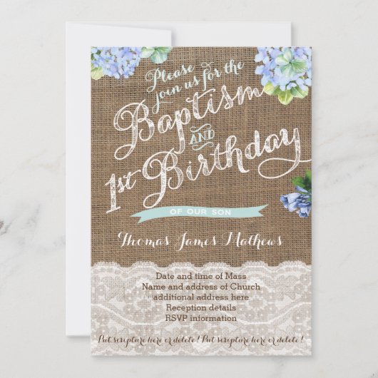 男の子の洗礼と1歳の誕生日、青いフローラ招待状 招待状 (正面)