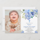 男の子の洗礼の写真の招待、濃紺は開花します 招待状 (正面)