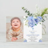 男の子の洗礼の写真の招待、濃紺は開花します 招待状 (スタンド正面)