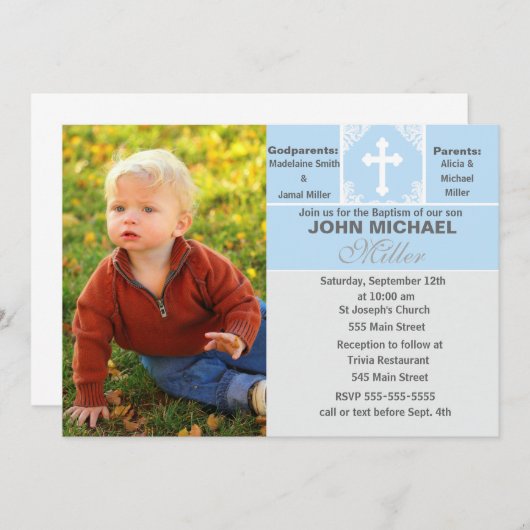 男の子の洗礼の招待状の青い写真カード 招待状 (正面/裏面)