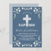 男の子の洗礼の招待状-青、水彩画の十字 招待状 (正面/裏面)