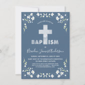 男の子の洗礼の招待状-青、水彩画の十字 招待状 (正面)