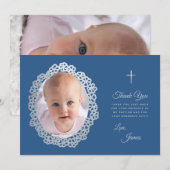 男の子の洗礼写真 クラシック ブルー グレー 花輪 サンキューカード (正面/裏面)