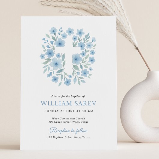 男の子の洗礼用スカート付き青い花の招待状 招待状