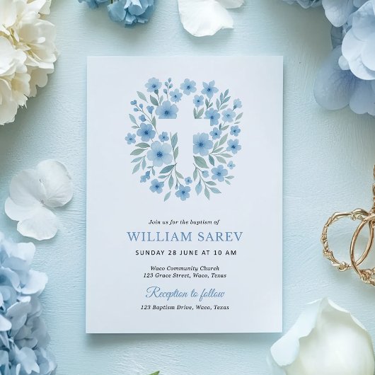 男の子の洗礼用スカート付き青い花の招待状 招待状