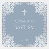 男の子の洗礼 ダスティーブルー エレガント 偽銀の葉 スクエアシール (正面)