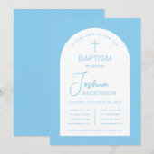 男の子の洗礼　ベビーブルー　ホワイト　アーチ　スクリプト　宗教的 招待状 (正面/裏面)