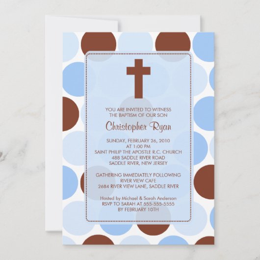 男の子の洗礼Inviationブラウン及び青い水玉模様 招待状 (正面)