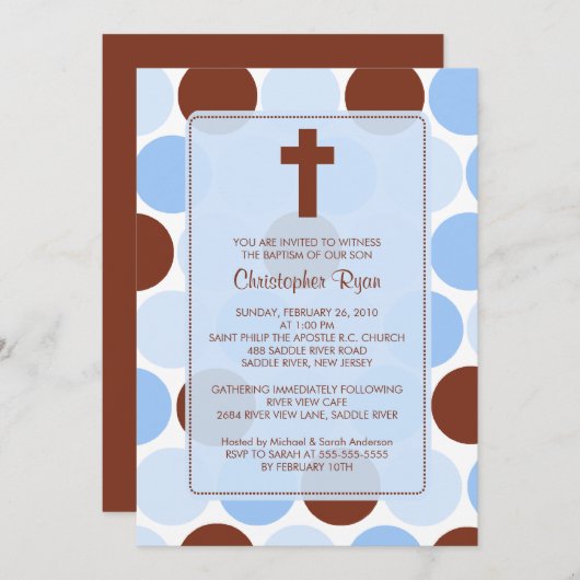 男の子の洗礼Inviationブラウン及び青い水玉模様 招待状 (正面/裏面)