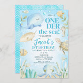 男の子の海の生き物ワンダーザ海の最初の誕生日 招待状 (正面/裏面)