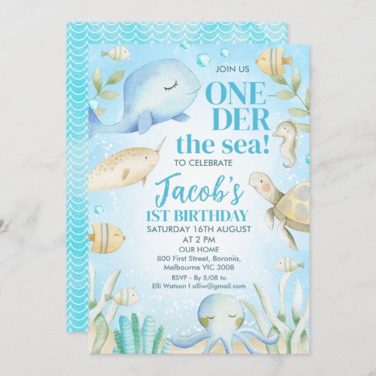 男の子の海の生き物ワンダーザ海の最初の誕生日 招待状 (正面/裏面)