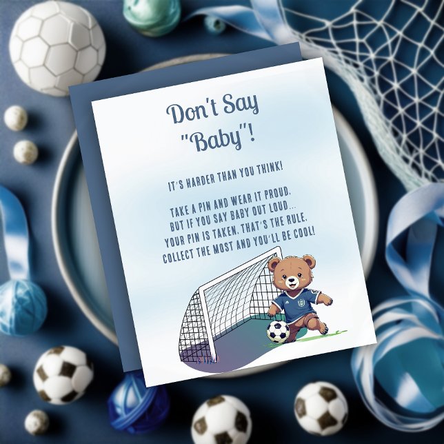 男の子の熊サッカー赤ちゃんシャワー言わないベビーゲーム (Cute Blue Teddy Bear Soccer Player Boy Baby Shower "Don't Say Baby!" Game Card)