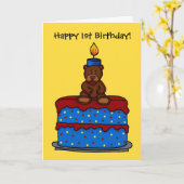 男の子の熊1歳の誕生日ケーキカード カード (黄色い花)