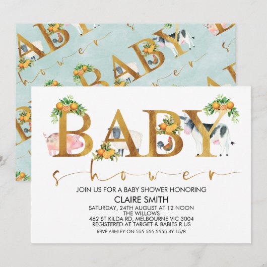 男の子の牧場の動物の言葉のベビーシャワー招待状 招待状 (正面/裏面)