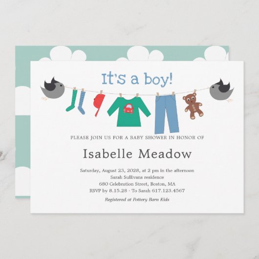 男の子の物干し用の赤ちゃんシャワー 招待状 (正面/裏面)