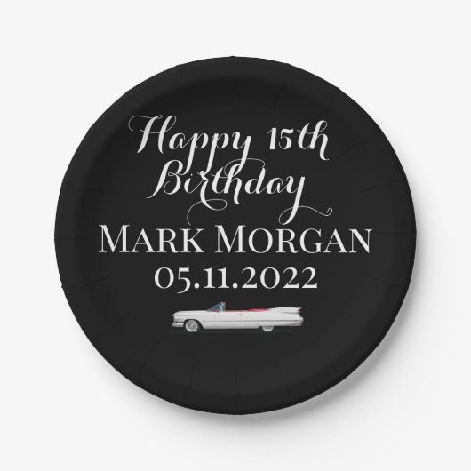 男の子の白黒のための幸せな15歳の誕生日の贈り物 ペーパープレート (正面)