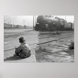 男の子の監視列車1939年。 ヴィンテージの写真 ポスター