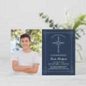 男の子の確認の招待状-十字が付いている写真 招待状 (スタンド正面)