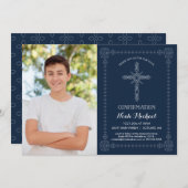 男の子の確認の招待状-十字が付いている写真 招待状 (正面/裏面)