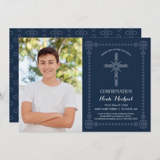 男の子の確認の招待状-十字が付いている写真 招待状 (正面/裏面)