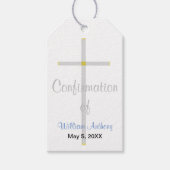 男の子の確認感謝してい銀のクロスブルー ギフトタグ (正面)