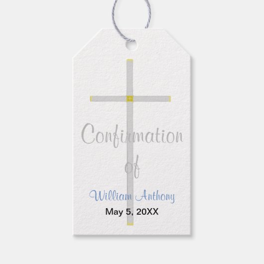 男の子の確認感謝してい銀のクロスブルー ギフトタグ (正面)