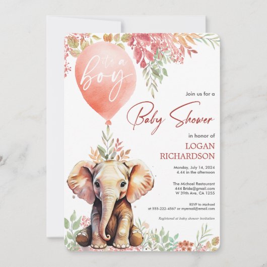 男の子の秋の気球の象の赤ちゃんシャワー 招待状 (正面)