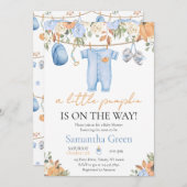 男の子の秋服の小さなかぼちゃの赤ちゃんシャワー 招待状 (正面/裏面)