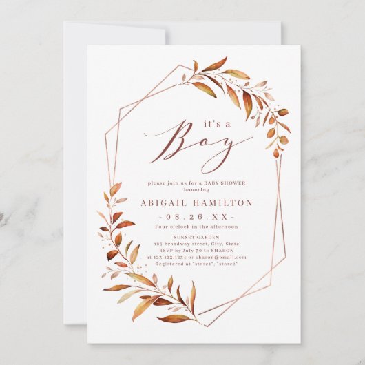 男の子の秋緑の幾何学的な赤ちゃんシャワー 招待状 (正面)