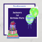 男の子の第1お誕生日ケーキはプレゼント海軍を風船のようにふくらませます 招待状 (正面/裏面)