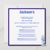 男の子の第1お誕生日ケーキはプレゼント海軍を風船のようにふくらませます 招待状 (裏面)