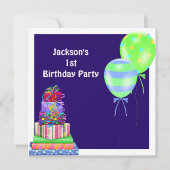 男の子の第1お誕生日ケーキはプレゼント海軍を風船のようにふくらませます 招待状 (正面)