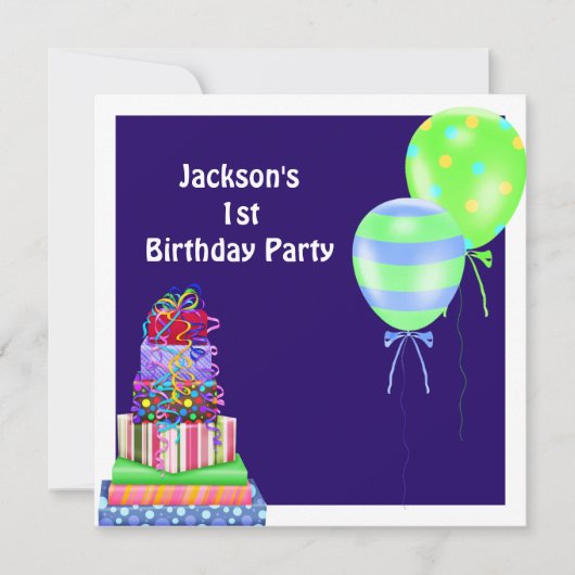 男の子の第1お誕生日ケーキはプレゼント海軍を風船のようにふくらませます 招待状 (正面)