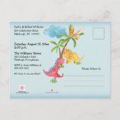 男の子の第1誕生会を演じているかわいい恐竜 インビテーションポストカード (裏面)