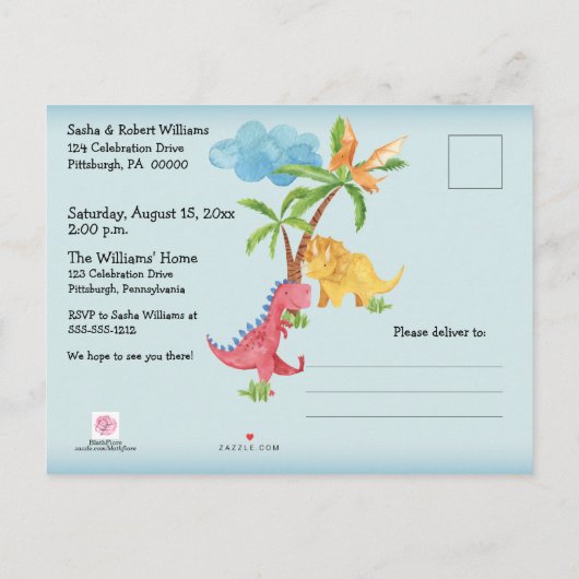 男の子の第1誕生会を演じているかわいい恐竜 インビテーションポストカード (裏面)