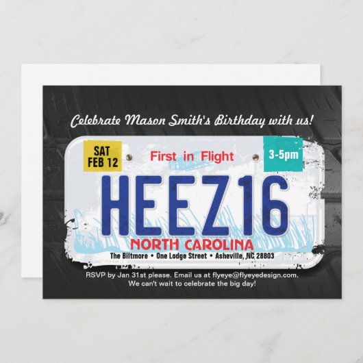 男の子の第16 Bdayノースカロライナ免許証の招待状 招待状 (正面/裏面)