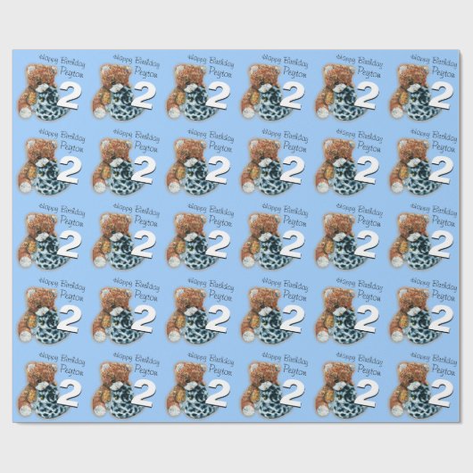 男の子の第2誕生日のテディー・ベアのパターン(の模様が)あるな覆いをからかいます ラッピングペーパー (フラット)