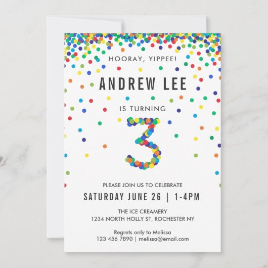 男の子の第3の誕生日パーティー、プライマリカラー紙吹雪 招待状 (正面)