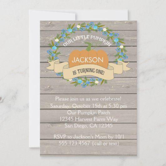 男の子の素朴なカボチャ第1誕生日のパーティの招待状 招待状 (正面)