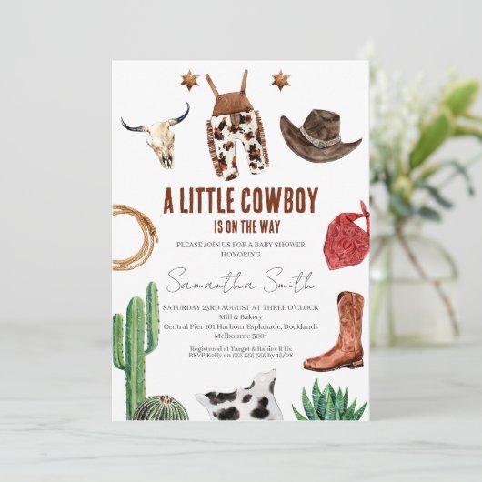 男の子の素朴小さなカウボーイ赤ちゃんシャワー 招待状 (スタンド正面)