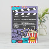 男の子の紫の映画鑑賞会の誕生日パーティー 招待状 (スタンド正面)