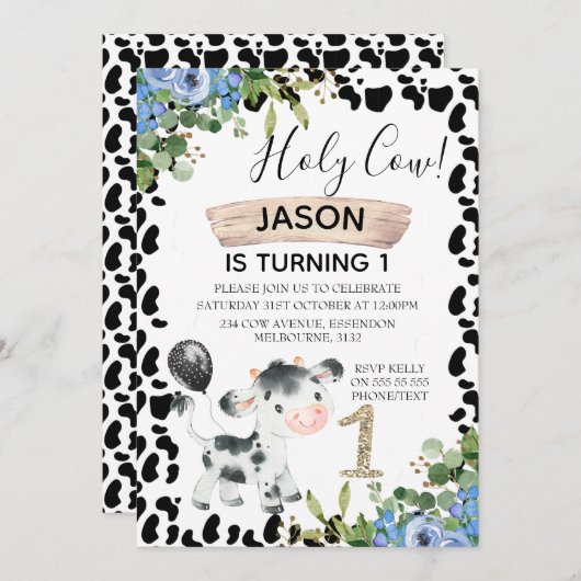 男の子の聖牛と牛のプリントの最初の誕生日の招待 招待状 (正面/裏面)