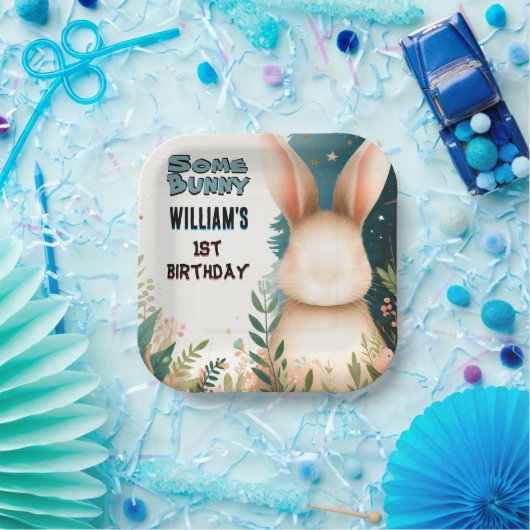 男の子の自然いくつかのバニーが1歳の誕生日を回している ペーパープレート (パーティー)