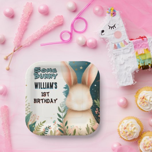 男の子の自然いくつかのバニーが1歳の誕生日を回している ペーパープレート (パーティー)