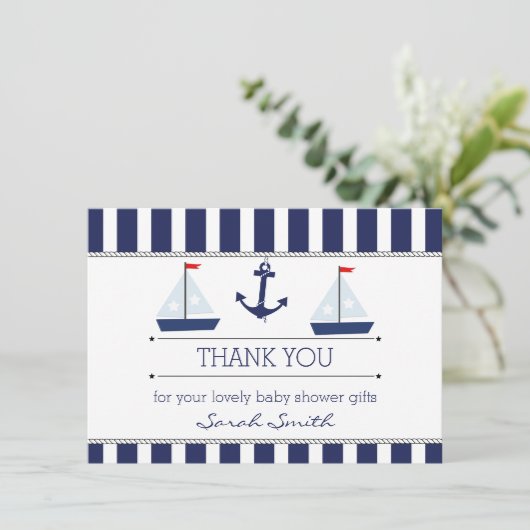 男の子の航海のなベビーシャワーの平らなサンキューカード サンキューカード (スタンド正面)