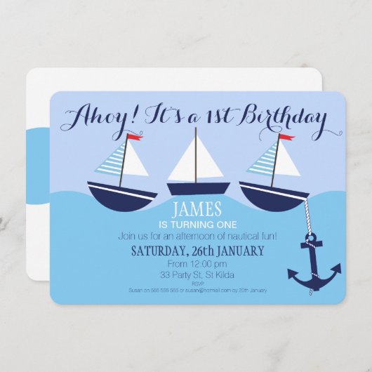 男の子の航海のな第1誕生日のパーティの招待状 招待状 (正面/裏面)