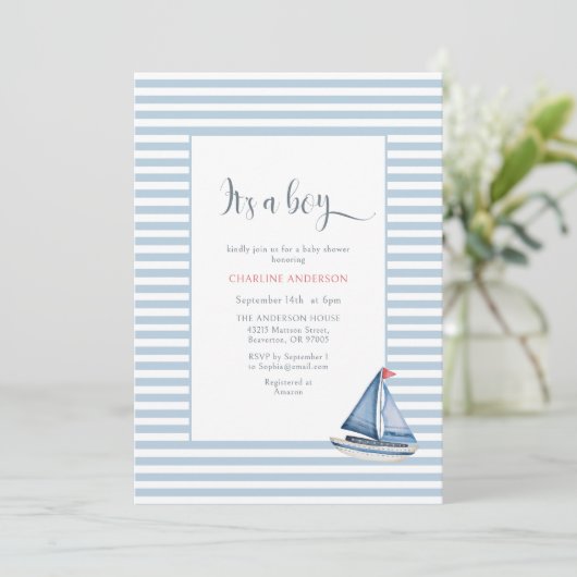 男の子の航海の水彩赤ちゃんシャワー 招待状 (スタンド正面)