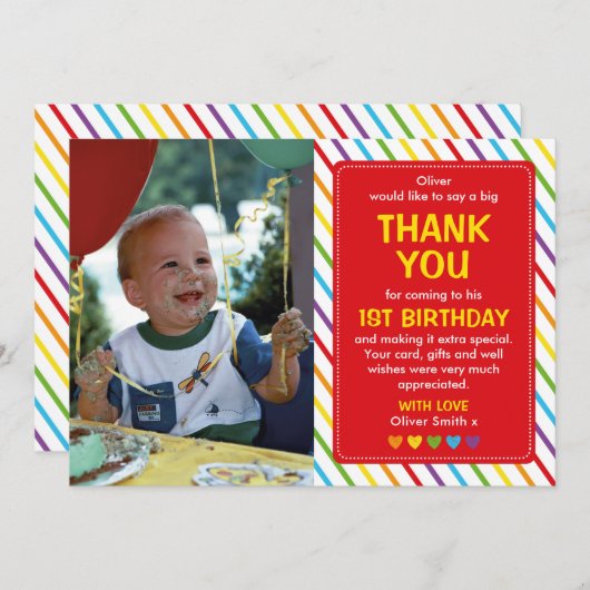 男の子の虹の誕生日のサンキューカード 招待状 (正面/裏面)