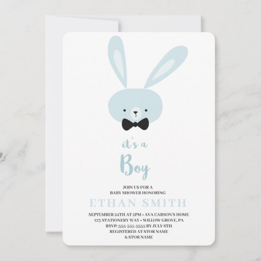 男の子の誕生おめでとう かわいいウサギのベビーシャワー 招待状 (正面)